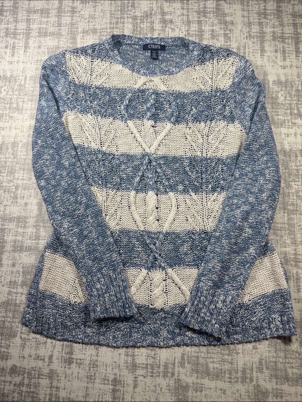 Chaps Blue and Cream Cable Knit Stripe Crewneck Sweater small 26X17 PTP